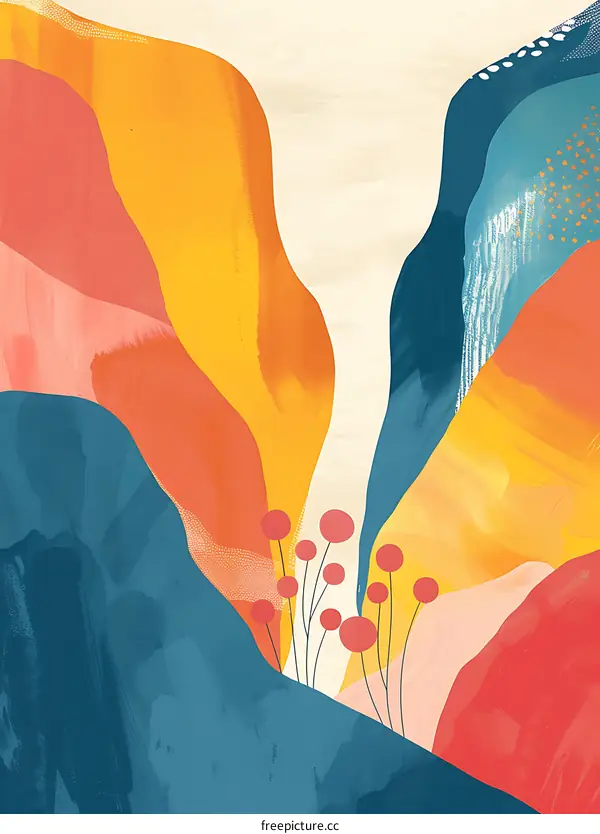 Abstract Watercolor Landscape with Yellow, Blue and Red Colors