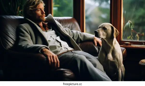 A man and his dog are sitting on a couch looking out the window.