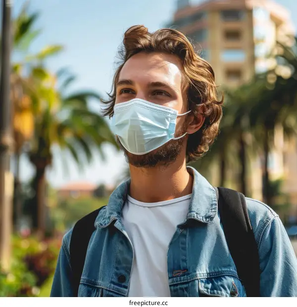 Young man wearing a mask in the city