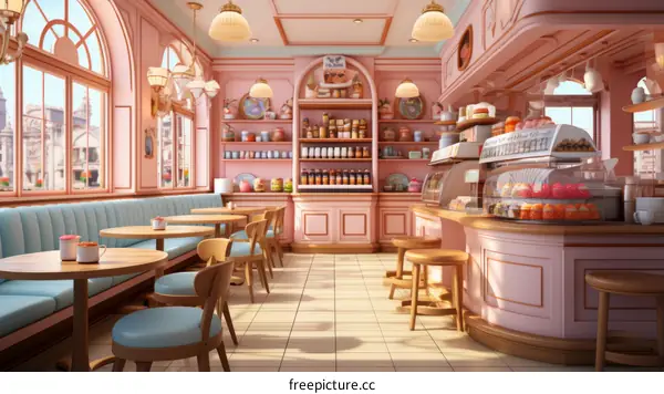 An illustration of a pink and blue colored cafe with a retro vibe