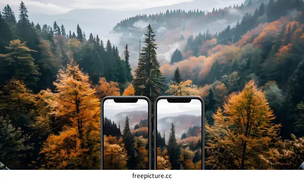 Two Smartphones Capturing Autumn Foliage