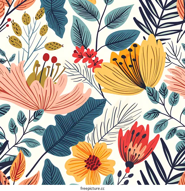 Floral Pattern Seamless Background with Colorful Flowers and Leaves