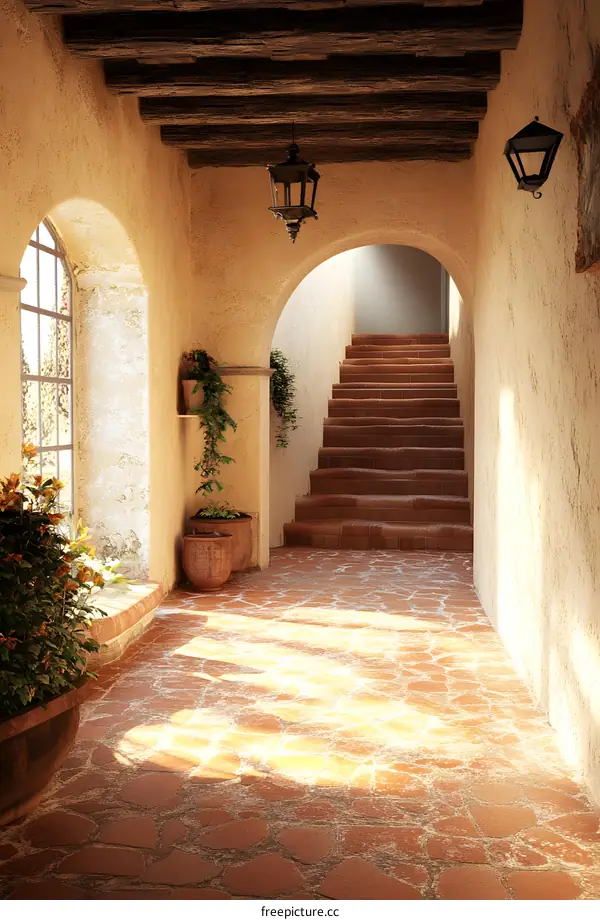 Stone Steps Leading to a Sunlit Room with Brick Walls and Arched Doorways