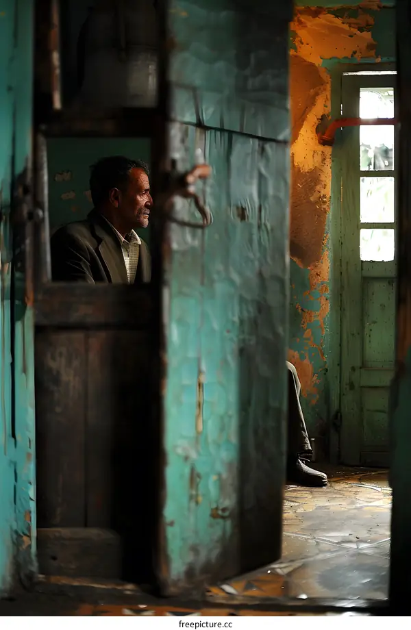 Old Man Sitting In A Doorway In A Rundown House
