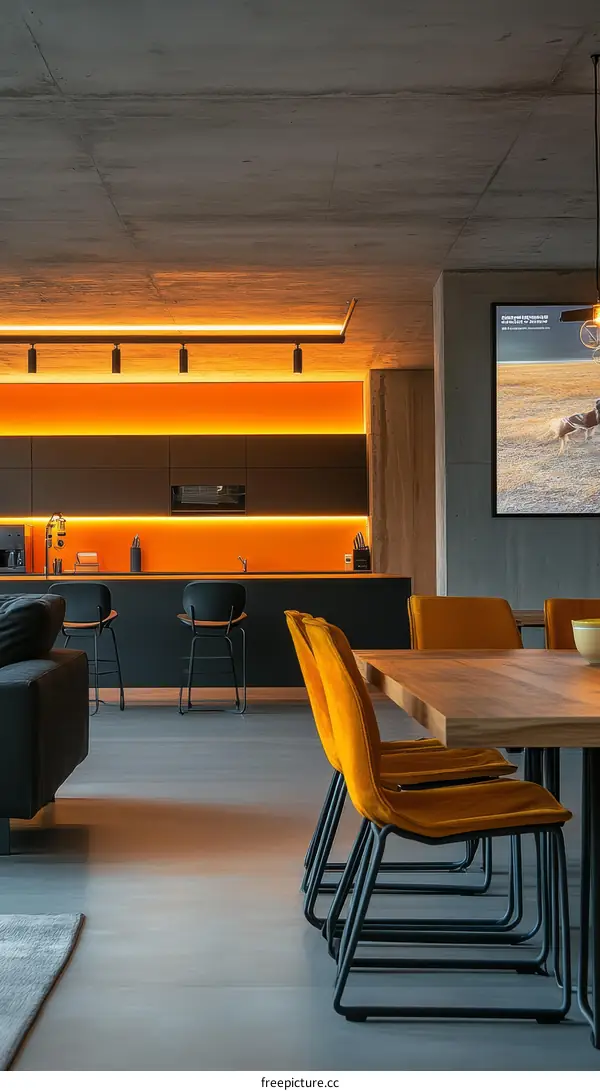 Modern Open-Plan Living Area with Orange Accents