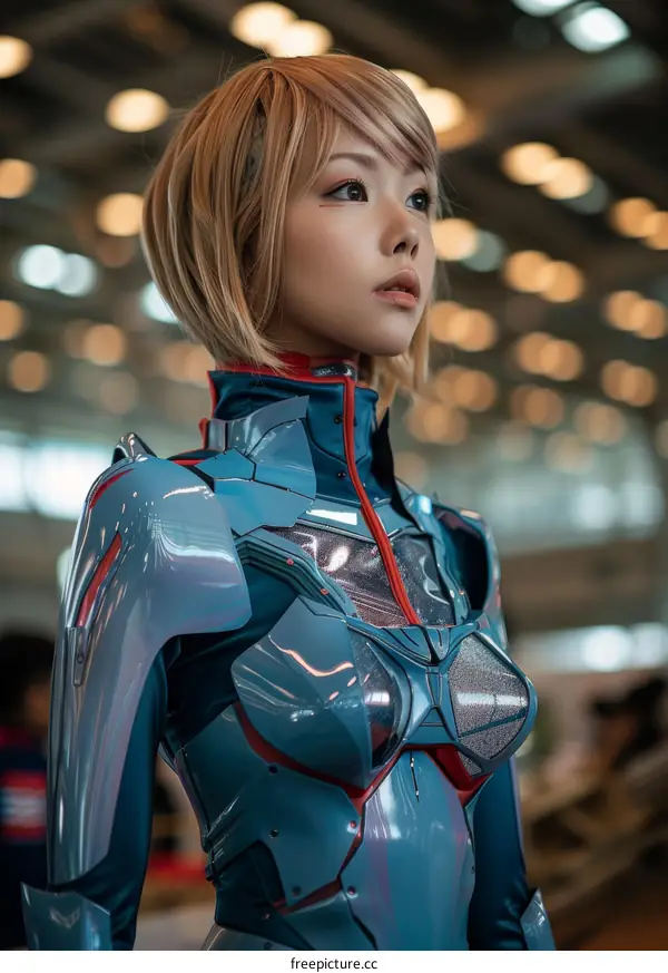 Portrait of a young woman in a blue and gray armor-like outfit