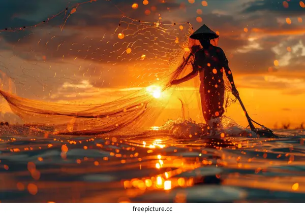 Fisherman silhouette at sunset with net in water