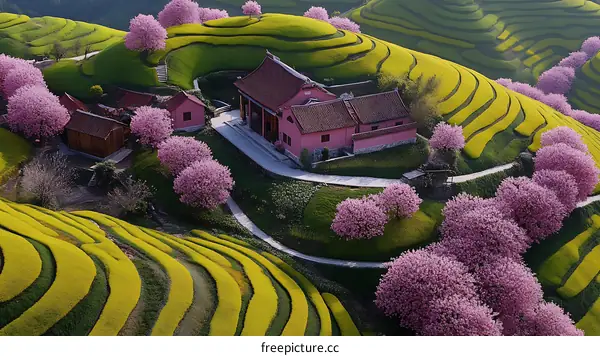 Beautiful Springtime terraced fields with cherry blossoms and farmhouses