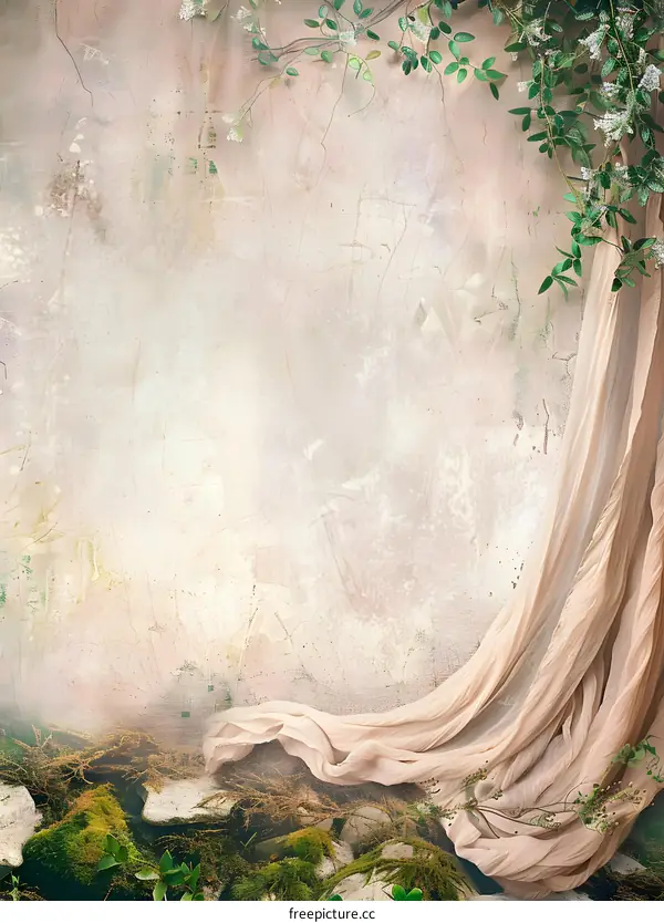 Vintage Wall Background with Fabric and Greenery