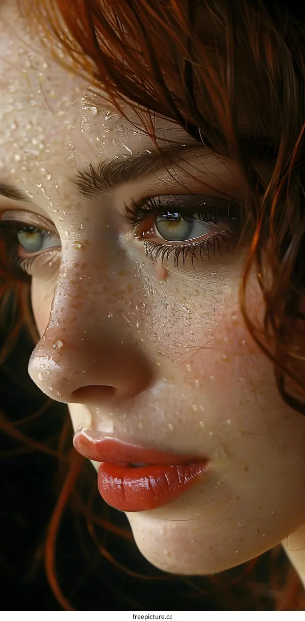 A close-up portrait of a young woman with red hair, freckles, and green eyes. She is looking to the side with a neutral expression. Her hair is wet and there are water droplets on her face.