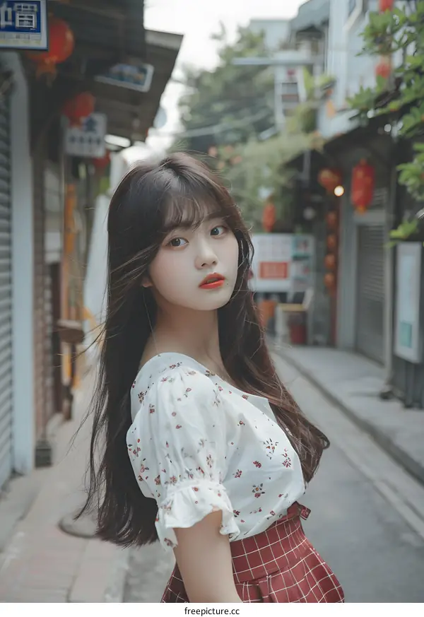 Young Woman in a White Blouse and Red Plaid Skirt Walking Through a Narrow Street