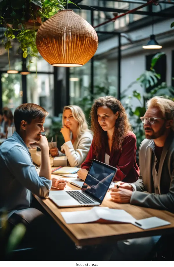 Four people having a business meeting in a cafe