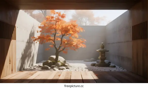 A Peaceful Zen Garden with Orange Maple Tree and Stone Lantern