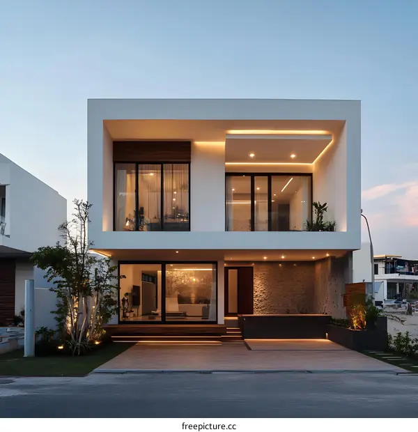 Modern Minimalist House Exterior Design with Warm Lighting