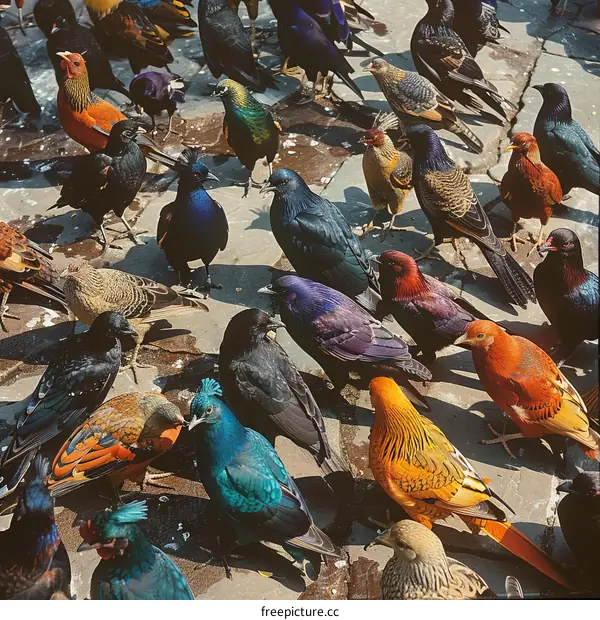 A large group of birds of various breeds and colors