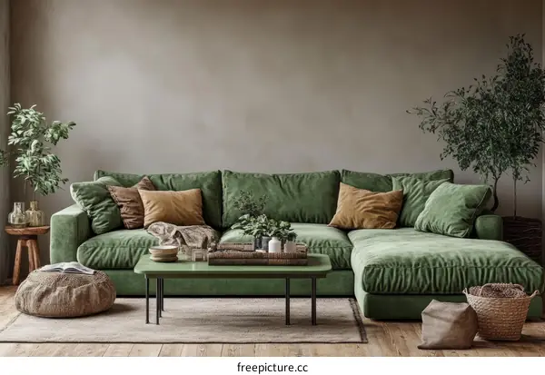 Modern Living Room with Green Sectional Sofa