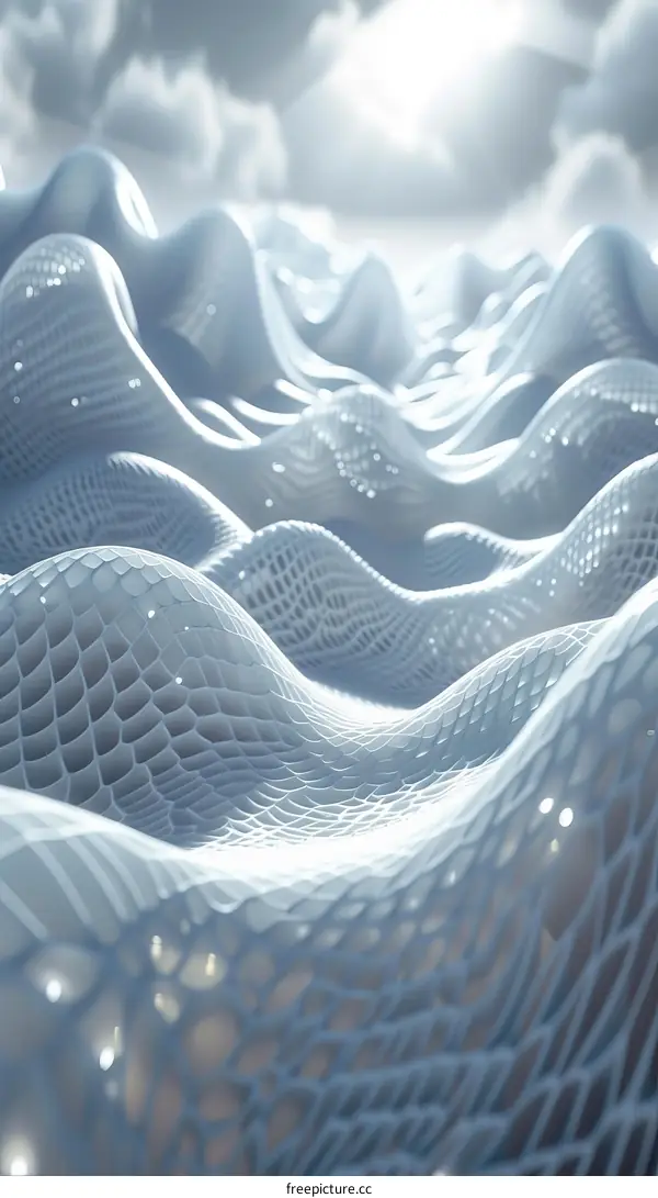 White abstract 3D rendering of a wavy surface with a cellular pattern