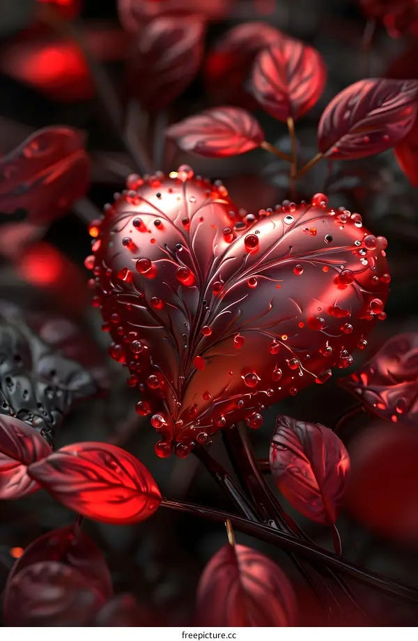 A crystal clear red heart shines among the branches and leaves