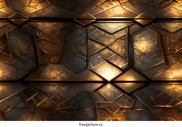 Abstract 3D rendering of a metallic surface with geometric shapes and a glowing light