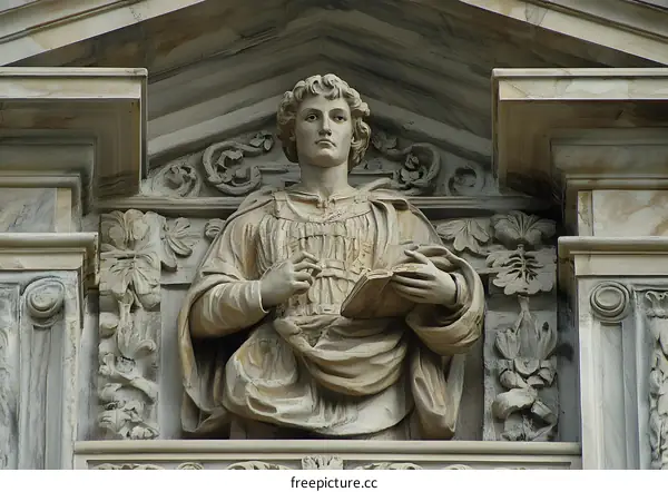 Stone Sculpture Of A Man Holding A Book In Italy