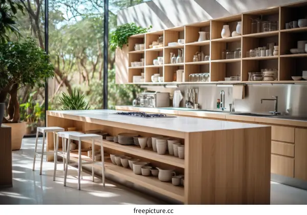Modern kitchen interior with large windows and wooden shelves