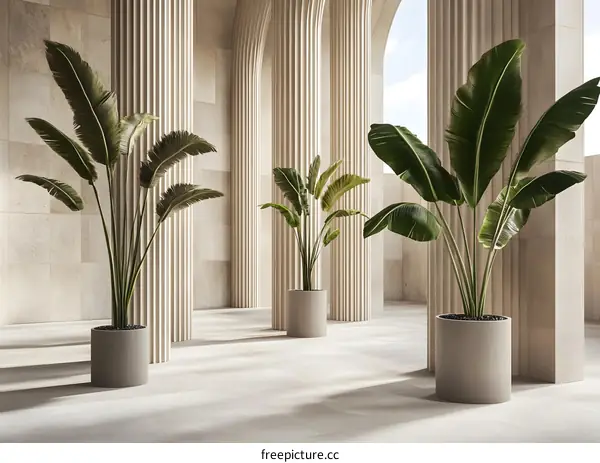 Minimalist Interior Design With Green Plants and Stone Columns