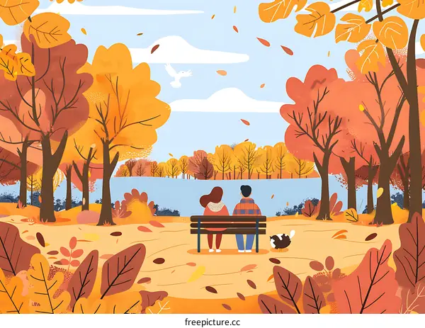 Couple Sitting On Bench In Autumn Park