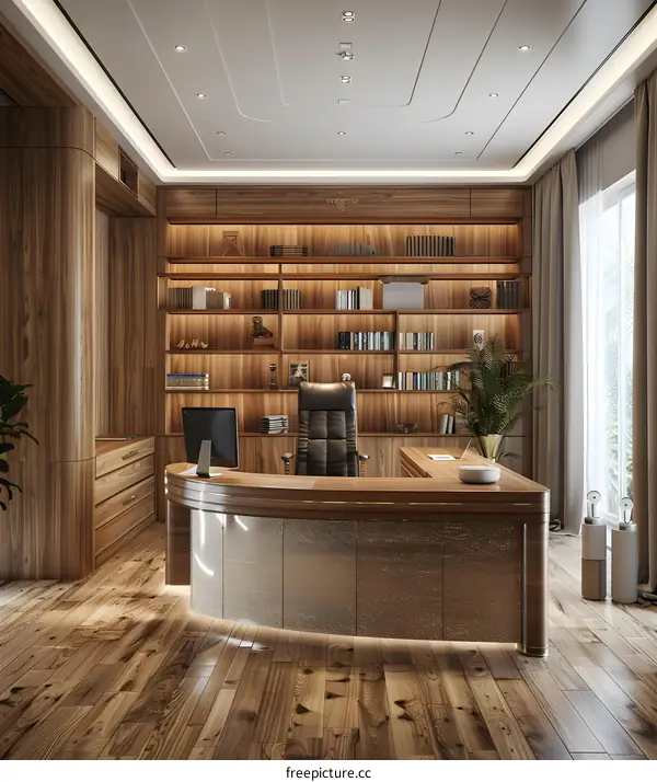 Luxury home office interior with wooden wall paneling and large bookshelf
