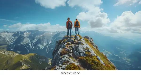 Two men standing on a mountaintop looking at the view