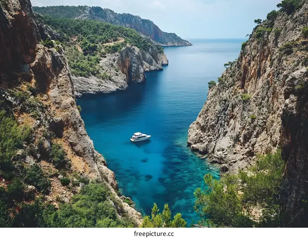 Boat in a Tranquil Inlet between Rugged Cliffs