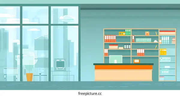 Office Reception Desk with Bookshelf and City View