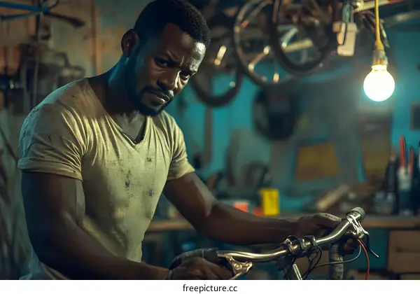 African American Man Working on a Bicycle in a Workshop