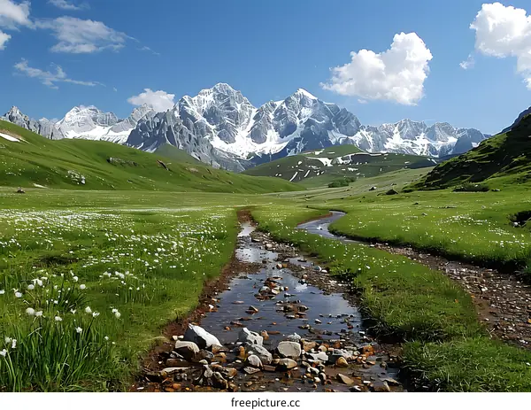 Mountain Stream in Meadow with Snowy Peaks