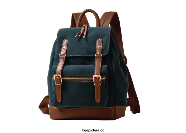 [Transparent Background PNG]Dark Teal Canvas Backpack with Brown Leather Accents