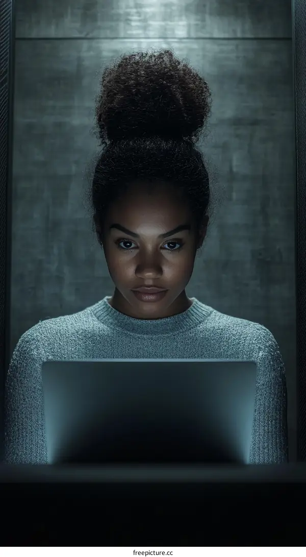 Focused Black Woman Working on Laptop