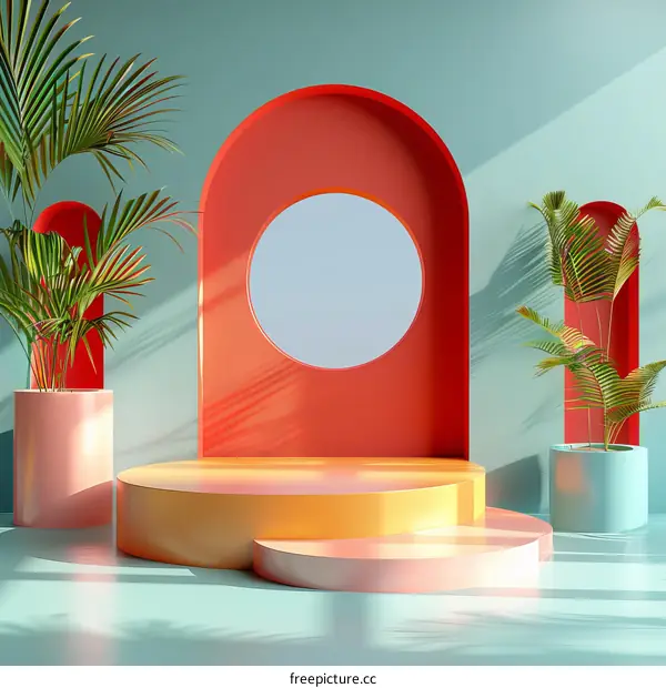 Colorful Geometric Display Podium with Tropical Plants