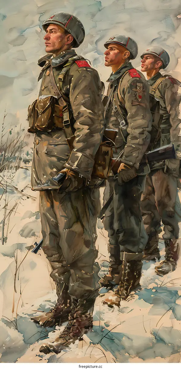 Three soldiers in winter gear standing in the snow