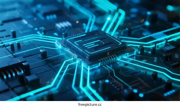 Circuit Board with Microchip and Glowing Blue Traces