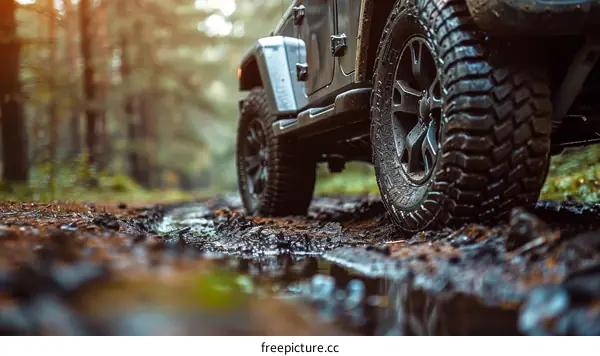All-terrain vehicle driving through a muddy forest road