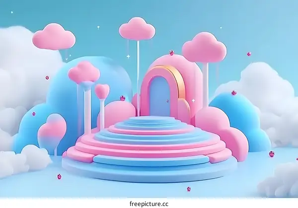3D Rendering of a Fantasy World with a Blue Door and Pink Clouds