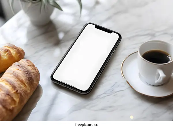 White Smartphone with Coffee and Bread on Marble Table