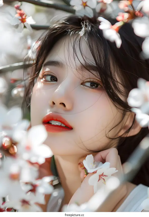 Beautiful Asian Woman Posing with Spring Blossoms