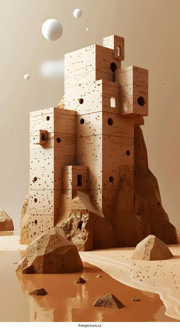 Abstract 3D Art Illustration of a Building Structure on a Cliff