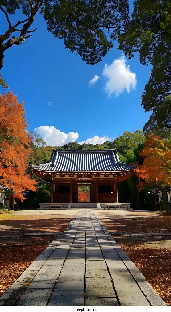 Stone Pathway Leading to Japanese Temple with Autumn Foliage