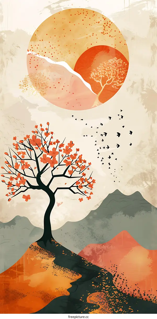 Abstract Landscape With Tree And Birds