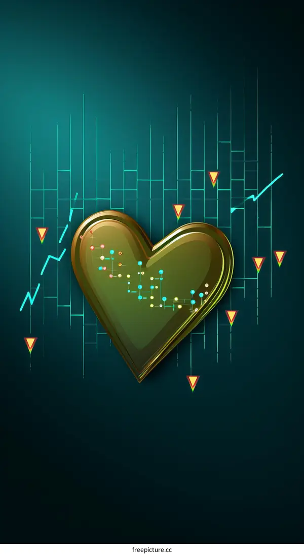3D illustration of a golden heart made of circuit board on a blue background