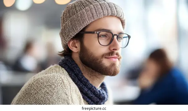 Stylish Man in Knitted Hat and Glasses