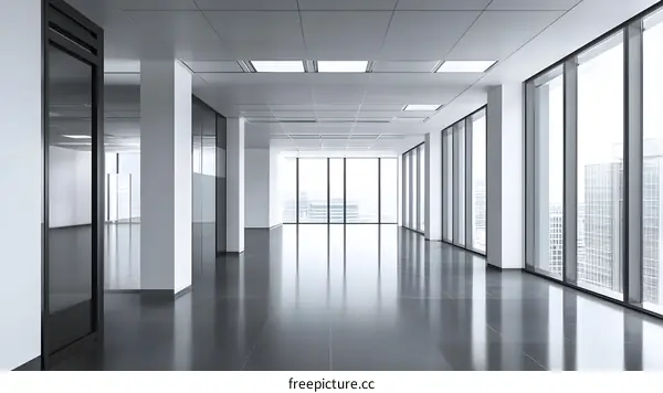 Modern Office Interior with Large Windows and City View