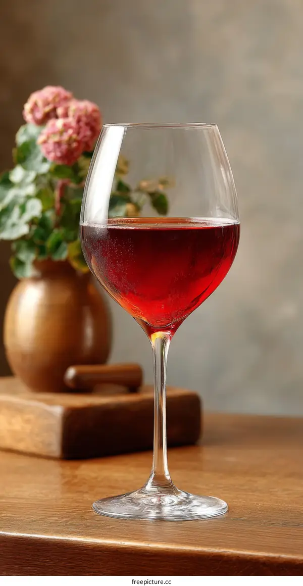 Red Wine Glass on Wooden Table with Flowers