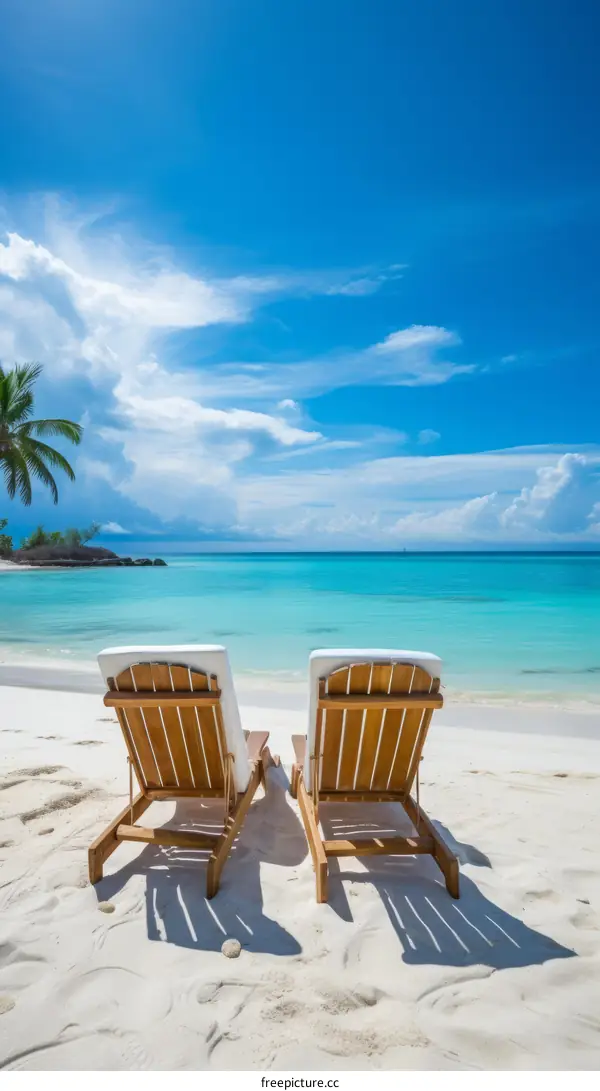 Two beach chairs sit on a white sand beach with the ocean in the background